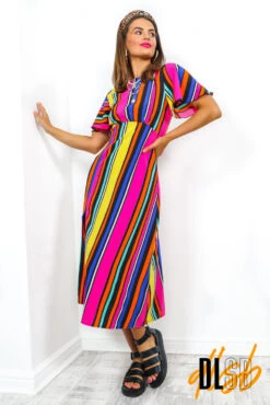 Lets Split - Black Multi Stripe Midi Dress -Fashion Clothing Store 0G7A3718