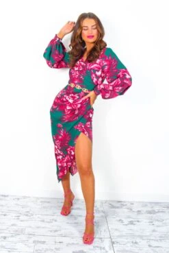 A Class Of Your Own - Green Pink Floral Midi Dress