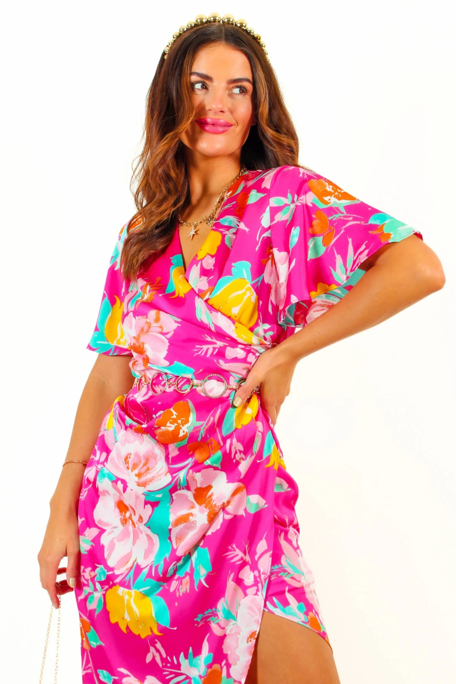 A Class Of Your Own - Pink Multi Floral Angel Sleeve Midi Dress 5 A Class Of Your Own - Pink Multi Floral Angel Sleeve Midi Dress - Image 5