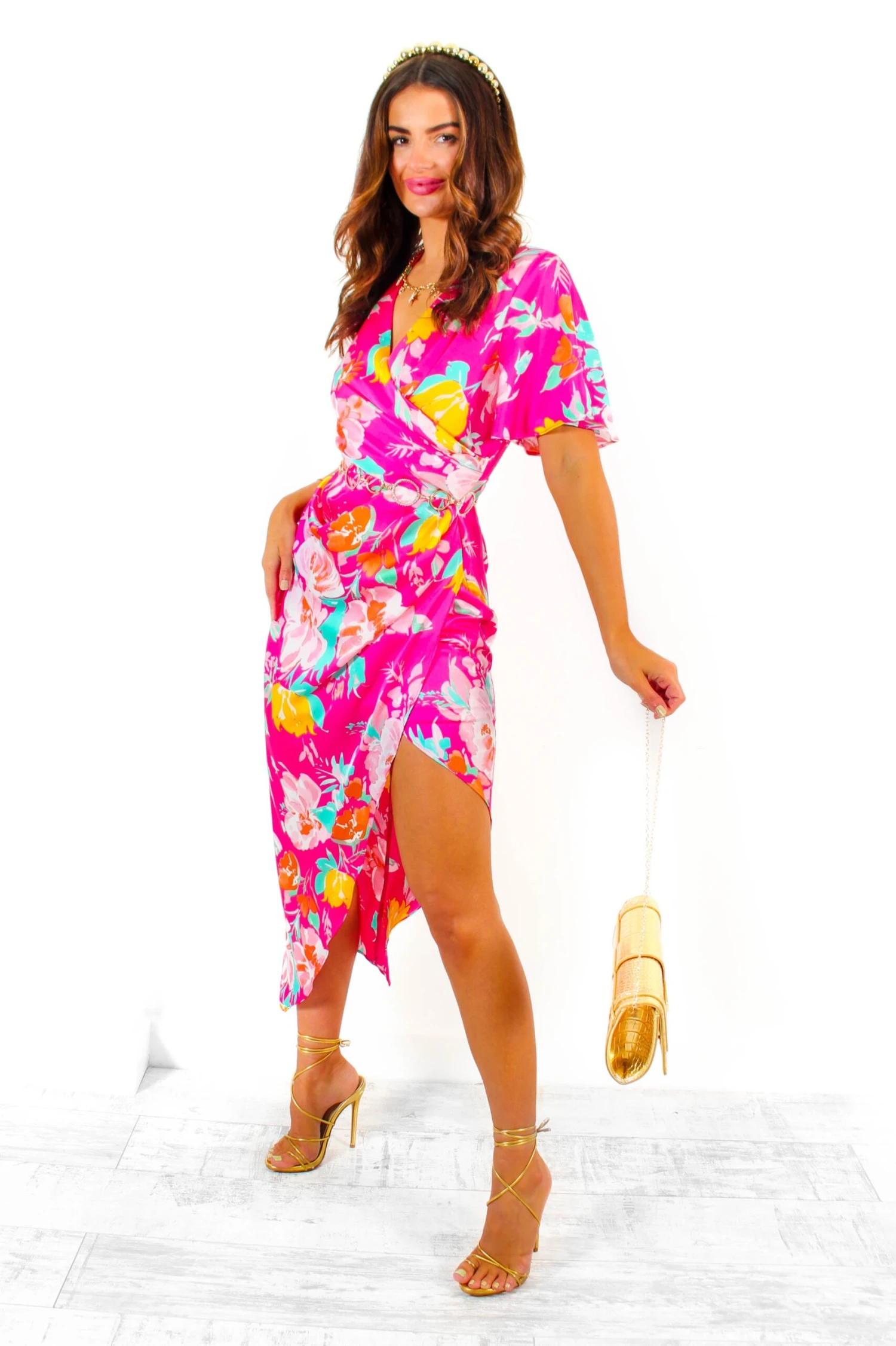 A Class Of Your Own - Pink Multi Floral Angel Sleeve Midi Dress 6 A Class Of Your Own - Pink Multi Floral Angel Sleeve Midi Dress - Image 6