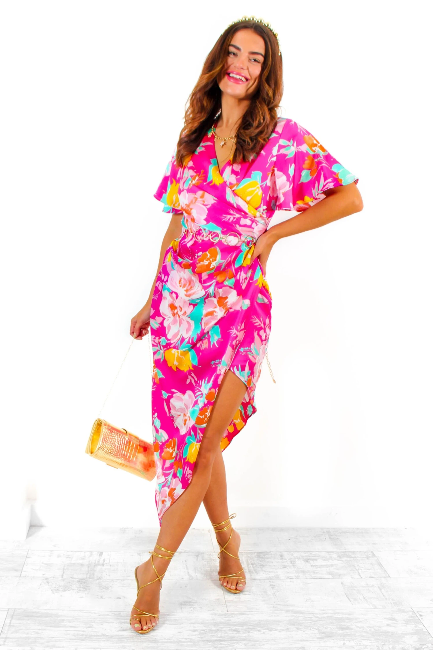A Class Of Your Own - Pink Multi Floral Angel Sleeve Midi Dress 3 A Class Of Your Own - Pink Multi Floral Angel Sleeve Midi Dress - Image 3
