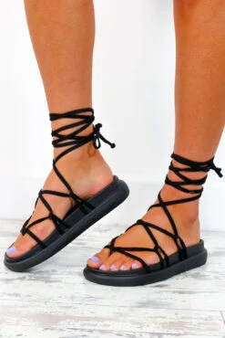 A Lace In The Sun - Black Lace Up Sandals