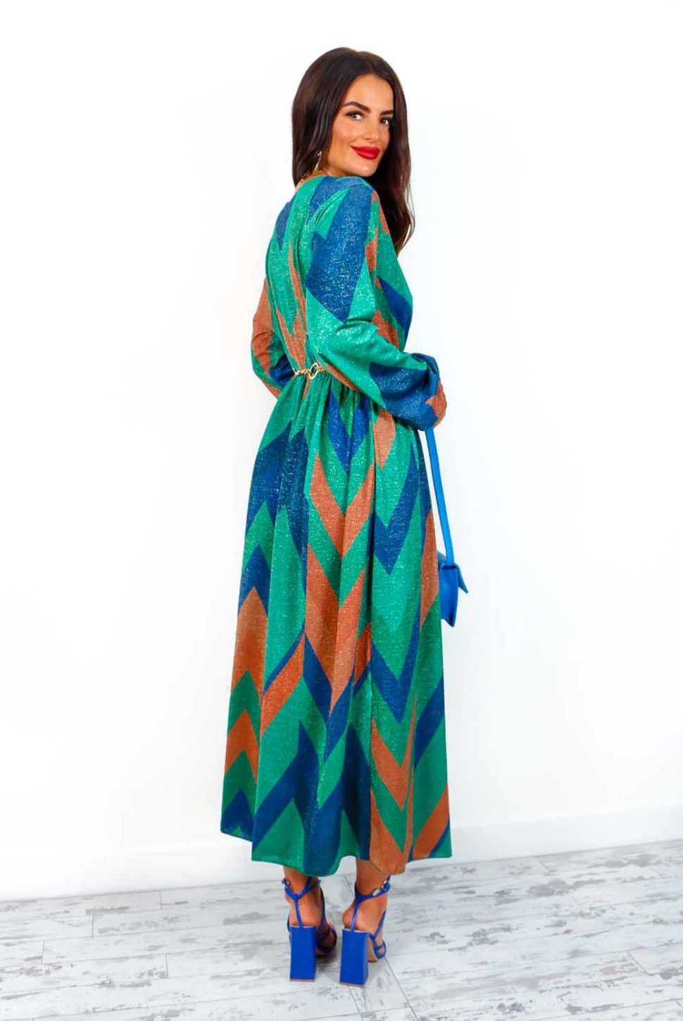 A Way Of Life - Green Blue Glitter Stripe Midi Dress 3 A Way Of Life - Green Blue Glitter Stripe Midi Dress - Image 3