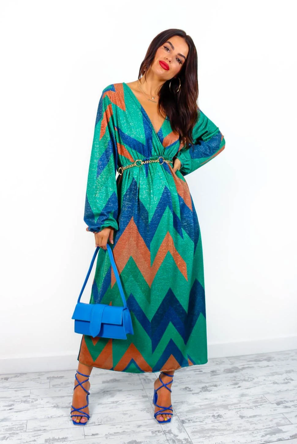 A Way Of Life - Green Blue Glitter Stripe Midi Dress 1 A Way Of Life - Green Blue Glitter Stripe Midi Dress