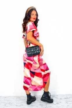 Adore Me - Pink Abstract Print Midi Dress -Fashion Clothing Store AdoreMe PinkRetroPrintMidiDress6