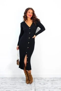 All Day Long - Black Cardigan Style Midi Dress