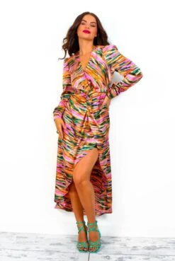 All Time Favourite - Orange Multi Abstract Twist Front Midi Dress