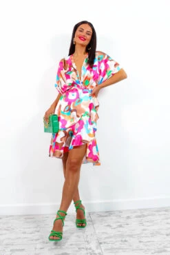 All Wrapped Up - Pink Multi Abstract Floral Midi Dress