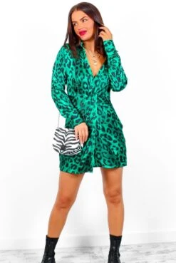 Always A Twist - Forest Leopard Satin Mini Shirt Dress