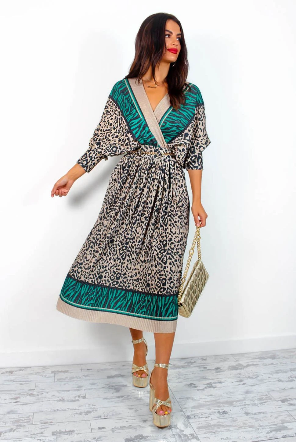 Always Be You - Green Beige Leopard Pleated Midi Dress 7 Always Be You - Green Beige Leopard Pleated Midi Dress - Image 7