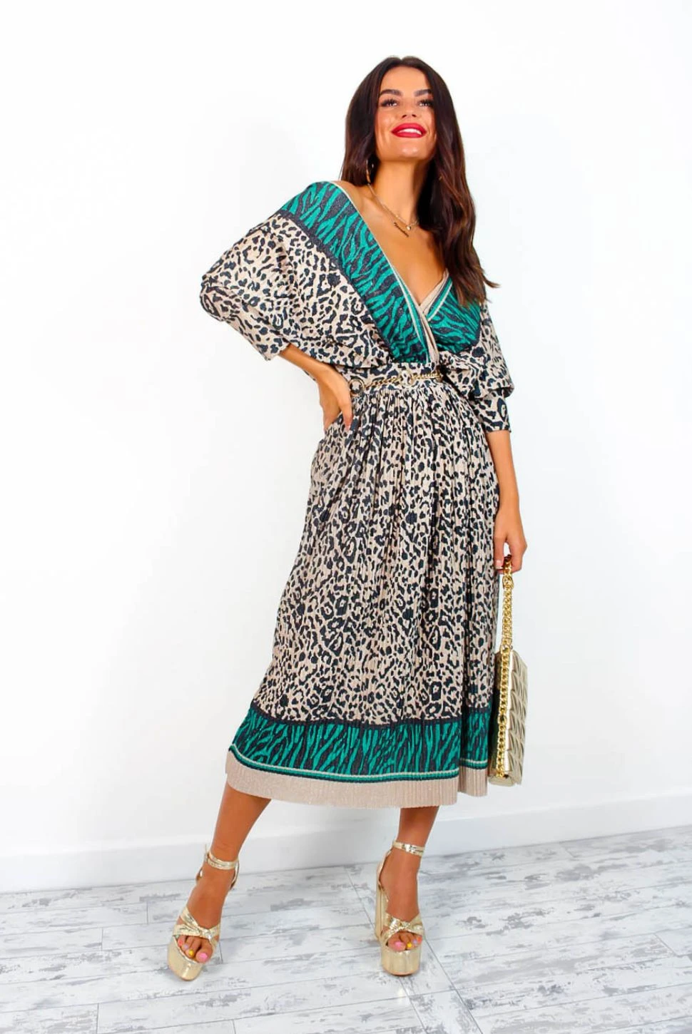 Always Be You - Green Beige Leopard Pleated Midi Dress 2 Always Be You - Green Beige Leopard Pleated Midi Dress - Image 2