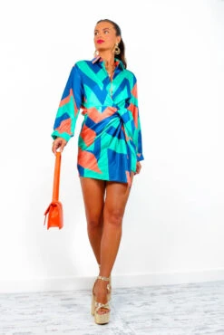 Always That Girl - Green Orange Geometric Mini Wrap Dress -Fashion Clothing Store AlwaysThatGirl GreenOrangeGeometricMiniWrapDress2