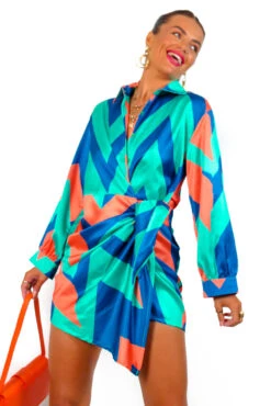 Always That Girl - Green Orange Geometric Mini Wrap Dress -Fashion Clothing Store AlwaysThatGirl GreenOrangeGeometricMiniWrapDress3