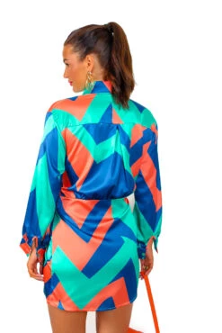 Always That Girl - Green Orange Geometric Mini Wrap Dress -Fashion Clothing Store AlwaysThatGirl GreenOrangeGeometricMiniWrapDress4