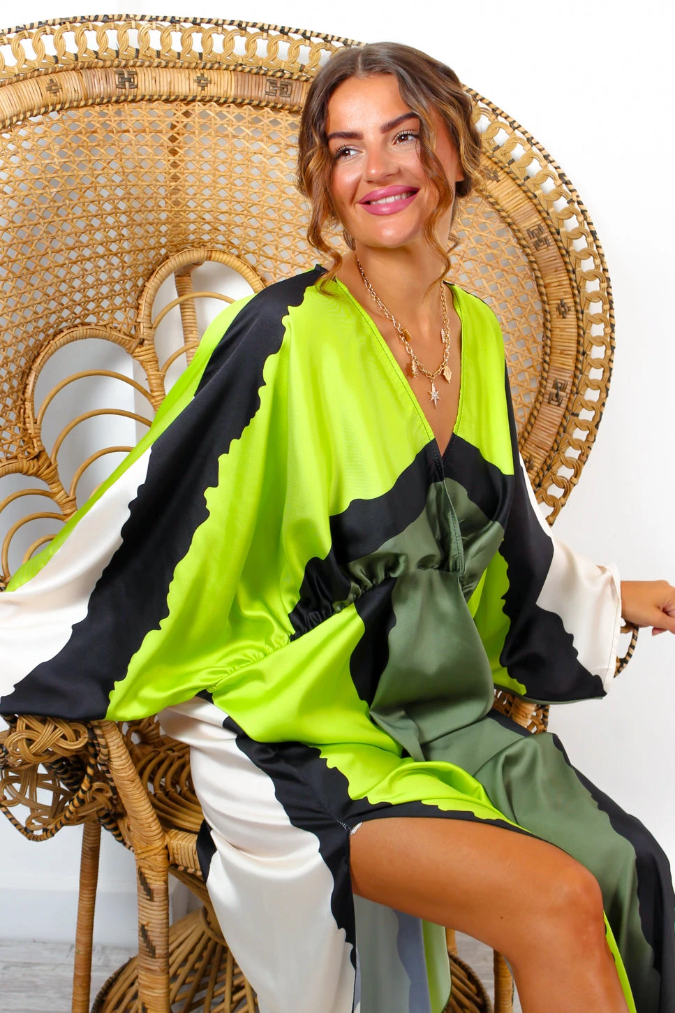 Anything But Ordinary - Khaki Lime Monochrome Abstract Print Batwing Midi Dress 7 Anything But Ordinary - Khaki Lime Monochrome Abstract Print Batwing Midi Dress - Image 7