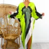 Anything But Ordinary - Khaki Lime Monochrome Abstract Print Batwing Midi Dress