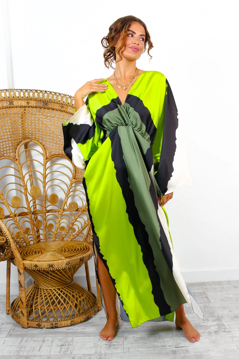 Anything But Ordinary - Khaki Lime Monochrome Abstract Print Batwing Midi Dress 4 Anything But Ordinary - Khaki Lime Monochrome Abstract Print Batwing Midi Dress - Image 4
