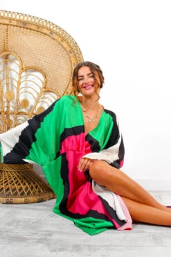 Anything But Ordinary - Pink Green Monochrome Abstract Print Batwing Midi Dress -Fashion Clothing Store AnythingButOrdinary PinkGreenMonochromeAbstractPrintBatwingMidiDress 1