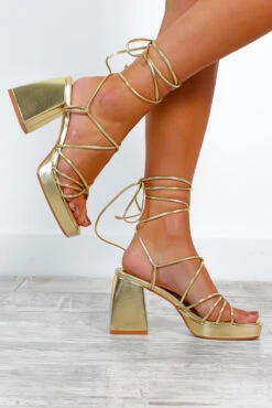 Are You For Heel? - Gold Metallic Lace Up Chunky Heels