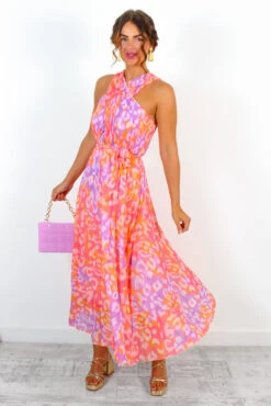 Artemis - Fuchsia Orange Animal Print Pleated Midi Dress -Fashion Clothing Store Artemis FuchsiaOrangeAnimalPrintPleatedMidiDress 1