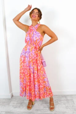 Artemis - Fuchsia Orange Animal Print Pleated Midi Dress -Fashion Clothing Store Artemis FuchsiaOrangeAnimalPrintPleatedMidiDress 3