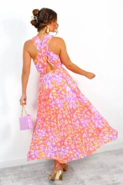 Artemis - Fuchsia Orange Animal Print Pleated Midi Dress -Fashion Clothing Store Artemis FuchsiaOrangeAnimalPrintPleatedMidiDress 4