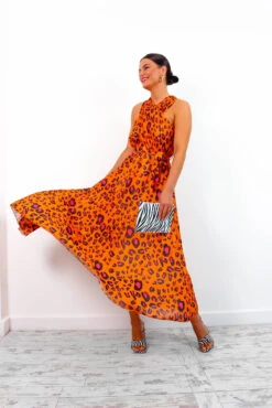 Artemis - Orange Fuchsia Leopard Pleated Maxi Dress -Fashion Clothing Store Artemis OrangeFuchsiaLeopardPleatedMaxiDress1