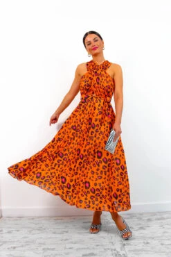 Artemis - Orange Fuchsia Leopard Pleated Maxi Dress -Fashion Clothing Store Artemis OrangeFuchsiaLeopardPleatedMaxiDress3