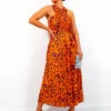 Artemis - Orange Fuchsia Leopard Pleated Maxi Dress