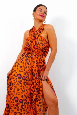 Artemis - Orange Fuchsia Leopard Pleated Maxi Dress -Fashion Clothing Store Artemis OrangeFuchsiaLeopardPleatedMaxiDress7
