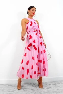 Artemis - Pink Red Print Pleated Maxi Dress -Fashion Clothing Store Artemis PinkRedPrintPleatedMaxiDress 2