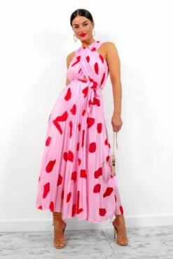 Artemis - Pink Red Print Pleated Maxi Dress -Fashion Clothing Store Artemis PinkRedPrintPleatedMaxiDress 3
