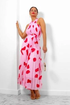 Artemis - Pink Red Print Pleated Maxi Dress -Fashion Clothing Store Artemis PinkRedPrintPleatedMaxiDress 4