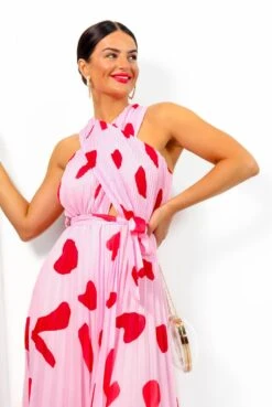 Artemis - Pink Red Print Pleated Maxi Dress -Fashion Clothing Store Artemis PinkRedPrintPleatedMaxiDress 5