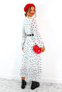 Bad Romance - White Black Heart Print Pleated Midi Dress -Fashion Clothing Store BadRomance WhiteBlackHeartPrintPleatedMidiDress 1