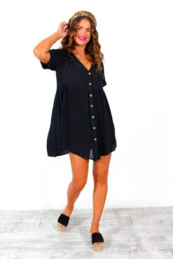 Fashion Clothing Store 30 Beat You To It - Black Button Up Smock Mini Dress