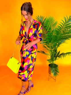 Best Intentions - Pink Yellow Printed Midi Wrap Dress -Fashion Clothing Store BestIntentions PinkYellowPrintedMidiWrapDress