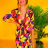 Best Intentions - Pink Yellow Printed Midi Wrap Dress