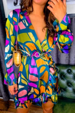 Better Shape Up - Forest Multi Abstract Mini Wrap Dress