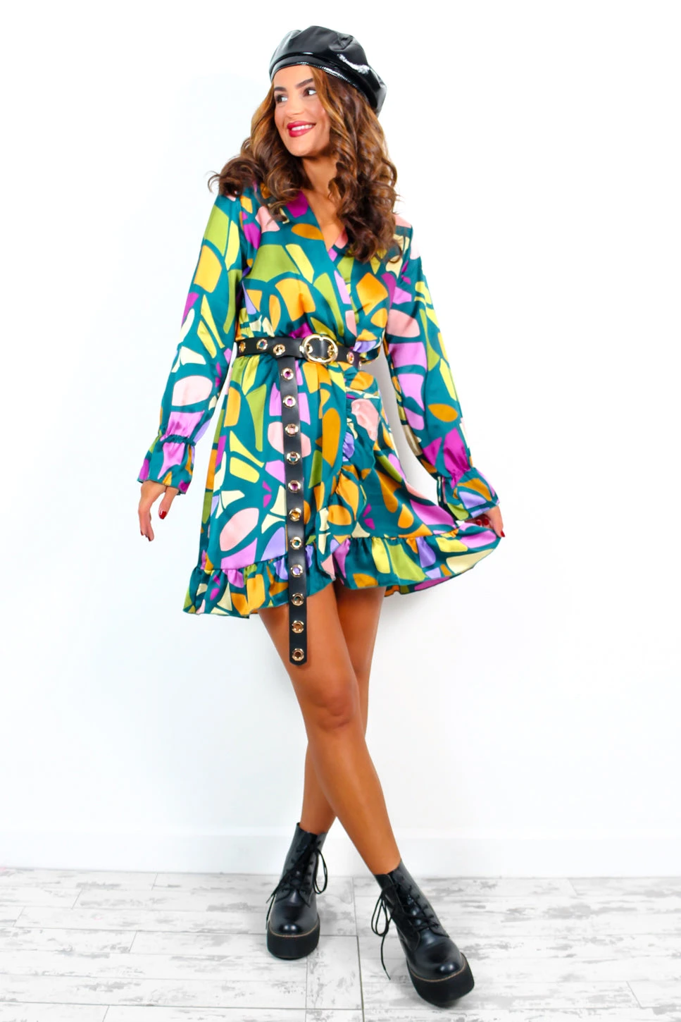 Better Shape Up - Forest Multi Abstract Mini Wrap Dress 2 Better Shape Up - Forest Multi Abstract Mini Wrap Dress - Image 2