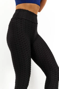 Don't Waffle On - Black Leggings -Fashion Clothing Store Black Waffle Texture Ruched Bum Gym Leggings 4