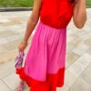 Block You Out - Red Pink High Neck Midi Dress