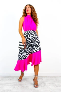Block You Out - Pink Zebra Print High Neck Midi Dress -Fashion Clothing Store BlockYouOut PinkZebraPrintHighNeckMidiDress 1