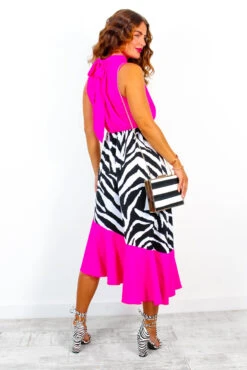Block You Out - Pink Zebra Print High Neck Midi Dress -Fashion Clothing Store BlockYouOut PinkZebraPrintHighNeckMidiDress 2