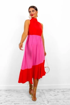 Block You Out - Red Pink High Neck Midi Dress -Fashion Clothing Store BlockYouOut RedPinkHighNeckMidiDress 1