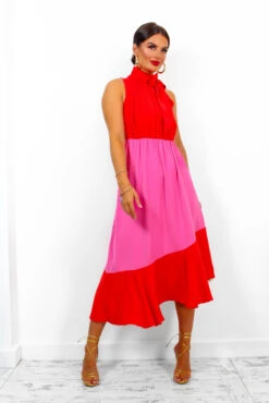 Block You Out - Red Pink High Neck Midi Dress -Fashion Clothing Store BlockYouOut RedPinkHighNeckMidiDress 4