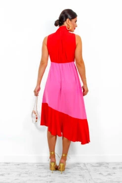 Block You Out - Red Pink High Neck Midi Dress -Fashion Clothing Store BlockYouOut RedPinkHighNeckMidiDress 5