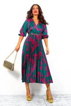 Bolder The Better - Forest Magenta Floral Pleated Midi Dress -Fashion Clothing Store BolderTheBetter ForestMagentaFloralPleatedMidiDress 2