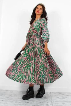 Bolder The Better - Green Pink Zebra Pleated Midi Dress 10 Bolder The Better - Green Pink Zebra Pleated Midi Dress -Fashion Clothing Store BolderTheBetter GreenPinkZebraPleatedMidiDress1