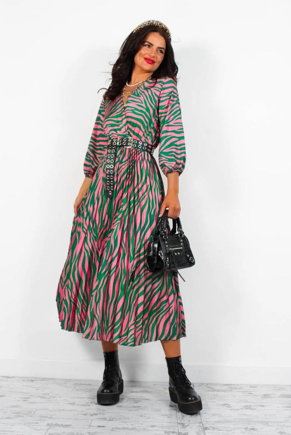 Bolder The Better - Green Pink Zebra Pleated Midi Dress 1 Bolder The Better - Green Pink Zebra Pleated Midi Dress